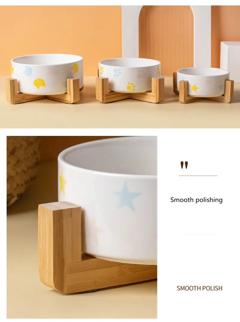 Ceramics Dog Bowl with Wood Mat Wide Mouth Feeding Bowls Food and Water Pet Feeder for Cat Puppy Protecting Cervical Spine