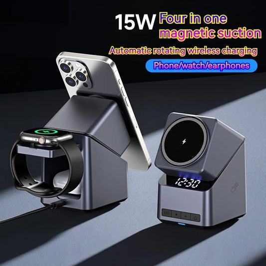 15W Electric Rotating Magnetic Wireless Charger Time Display Charging Station for iPhone 16 15 14 13 12 11 Watch AirPods Pro
