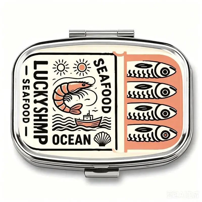 【WA】LUCKY TUNA Sardines Print Metal Pill Box, Portable 2-Compartment Travel Pill Organizer For Vitamins & Pills