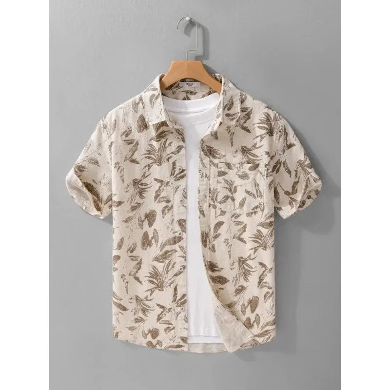 Vacation Leaf Print Linen Blend Short Sleeve Shirt Mens Lapel Casual Breathable Top