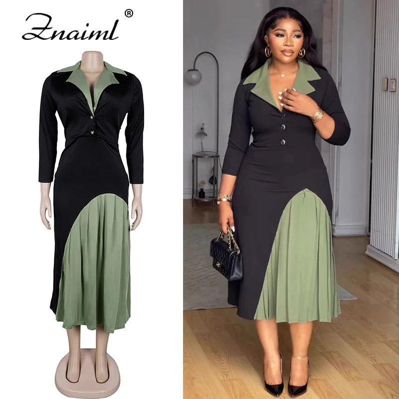 Znaiml Autumn Women's Patchwork Green Button Lapel V-neck A-line Long Sleeve Office Lady Dress Elegant Birthday Party Prom Gowns