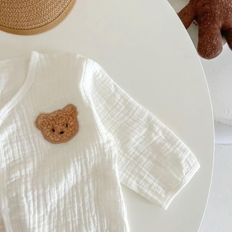 3Pcs Muslin Baby Jumpsuit Coat Hat Bear Baby Summer Clothes Set Kids Coat Romper White Toddler Outfit Suit Infant Clothing 0-3T