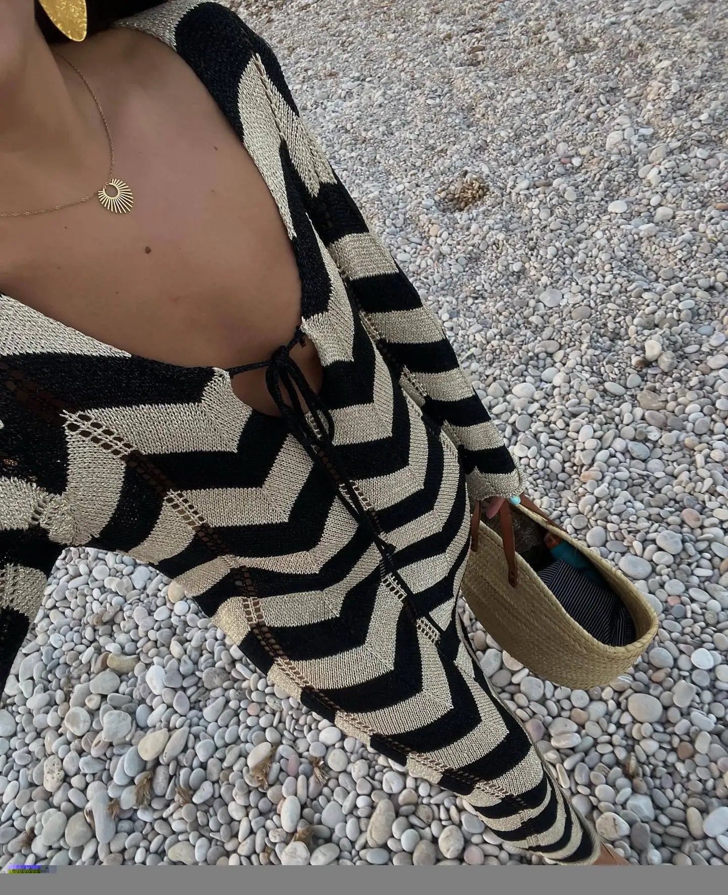 2025 Women's  Stripled Long Sleeve Slim Elegant Knitted Maxi Dress V Neck Autumn New Lace Up Hollow Sexy Beach Cover Up Dress