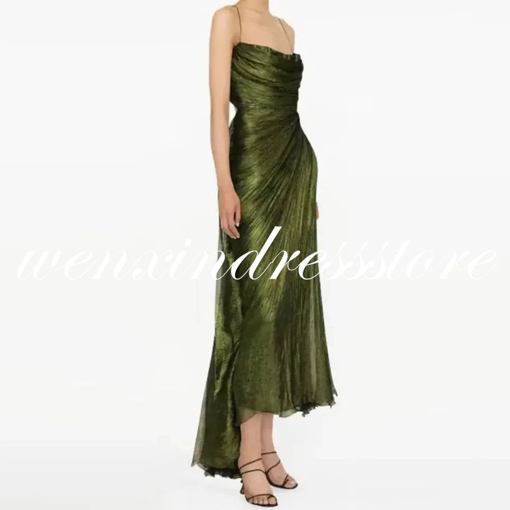 Customized  Green Chiffon Spaghetti Straps Evening Dress  Floor Length Strapless Straight Sleeveless Lace Up Back Celeb