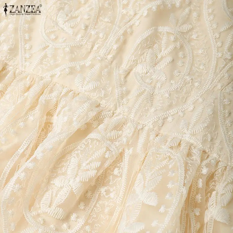 ZANZEA Elegant Women's Wedding Guest Party Midi Dress Embroidered Mesh Patchwork Stand Collar Cap Sleeve Dresses Woman Clothes