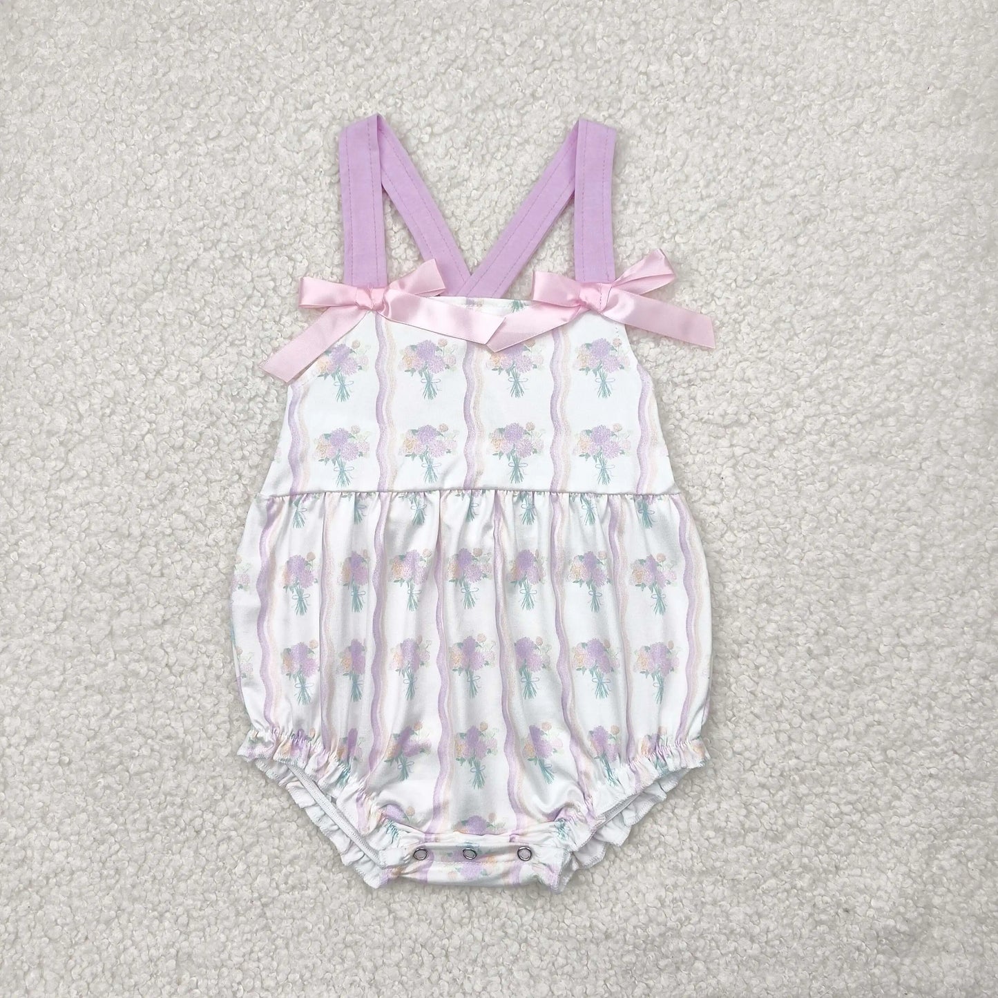 4.14y NEW stock baby girls summer romper wholesale boutique embroidery pattern floral flowers purple flying sleeves onesie