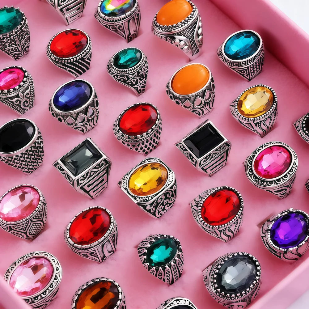 6/12/24/36/48/100Pieces Fashion Elegant Colorful Glass Rings Set For Women Random Mix Style Daily Party Gifts Jewelry