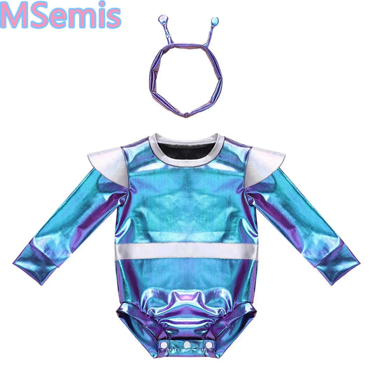 Toddler Boys Girls Metallic Alien Dress-up Costume Jumpsuit Halloween Outer Space Party Cap Sleeve Shiny Romper for Photography