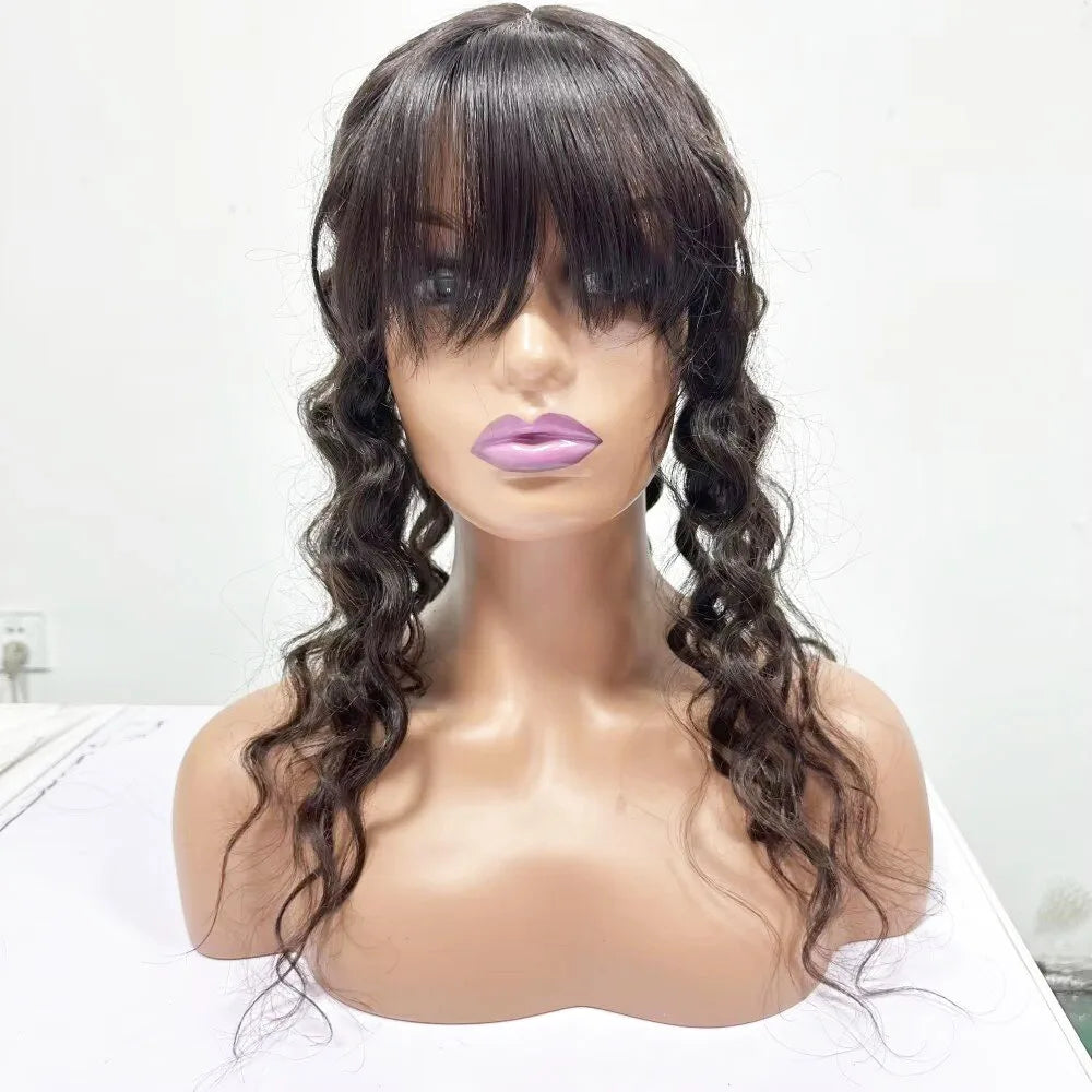 15x16cm Virgin European Human Hair Topper Hair Piece Clips in Loose Wave Silk Top Base Topper with Bangs for Thinning Hair Women