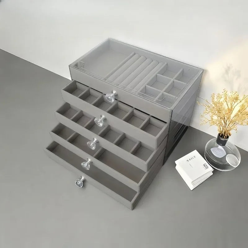 New 5 Layers Gray Jewelry Storage Box Drawer Design Large Capacity Anti-oxidation Organizer for Women Accessories