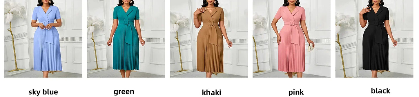 Sexy Short Sleeve V-Neck Elegant African Pleated Dress High Waist Midi Dress Fashionable Atmosphere Casual Elegant Style