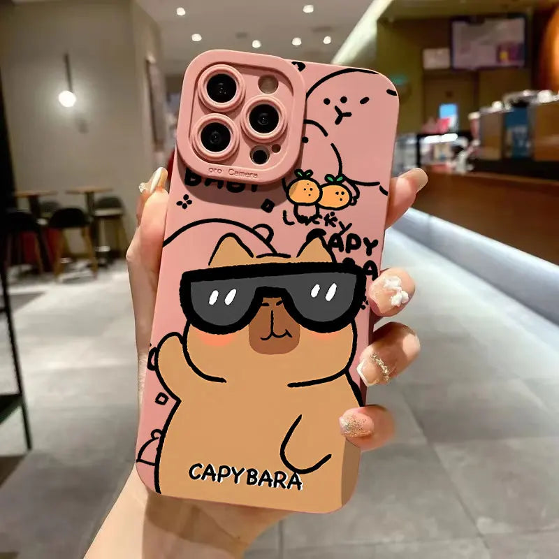 Case For iPhone 17 16 15 14 13 12 11 Pro Max Air XS X XR 16E Cute Capybara Pattern Matte Silicone Camera Lens Portector Cover