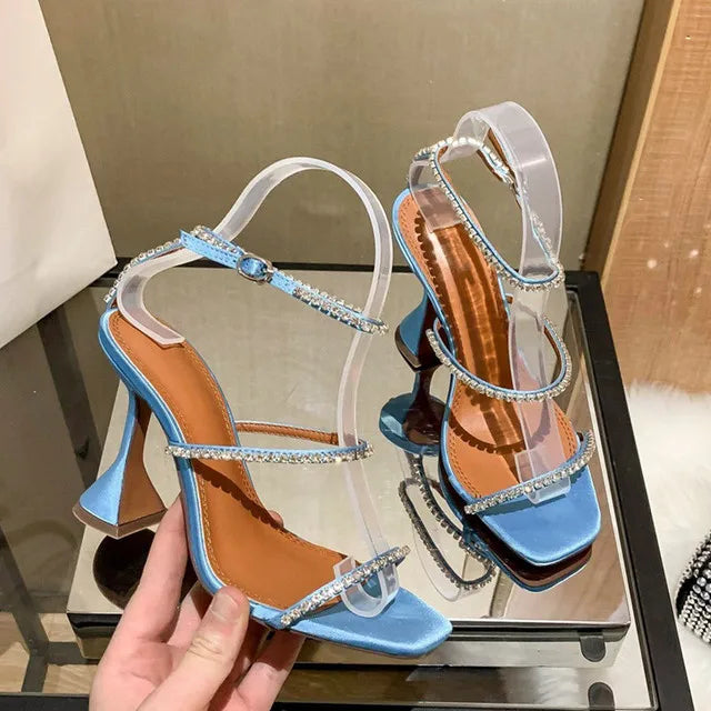 2023 New High Heels Square Toe Wine Glass with A Word with Large Size Sexy Rhinestone Sandals Women