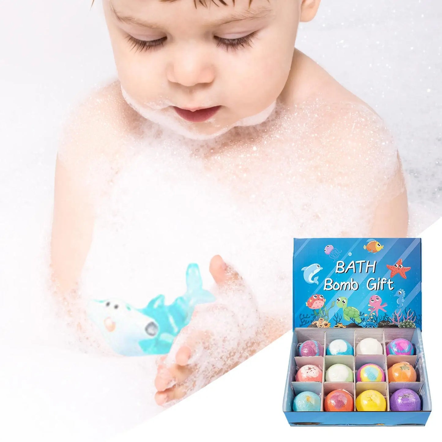 12Pcs Ocean Themed Bath Bombs Gift Set with Surprise Sea Animal Toys Inside Natural Bubble Bath Salt Balls for Kids Holiday Gift