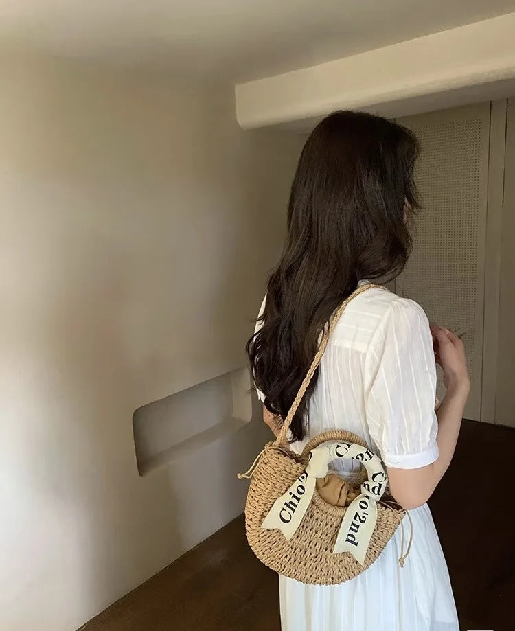 Hand Woven Straw Semicircle Tote Bag Large Capacity Handheld Crossbody 2-in-1 Beach Vacation Fashion Bag for Women