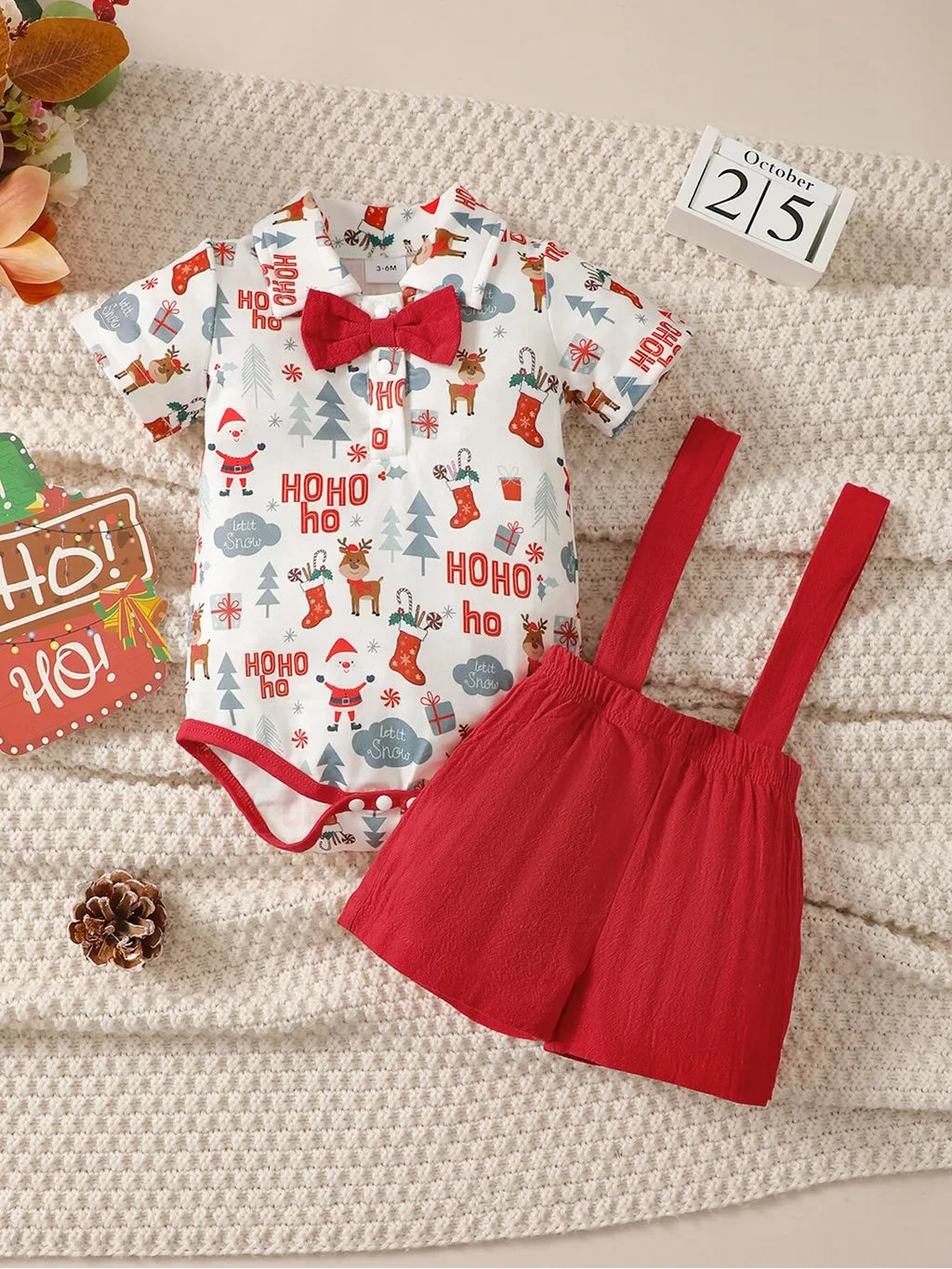 2PCS Newborn Baby Boy Christmas Clothing Set Short Sleeve Christmas Bodysuit+Overall Cute Holiday Party Wear for Baby 0-18Months