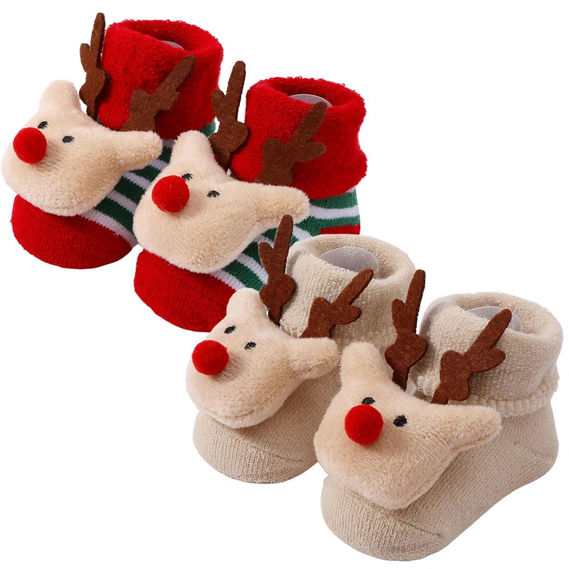 2 Pairs Kids Cotton Socks for Girls Boys Non-slip Toddler Baby Christmas Socks for Newborn Winter Warm New Year Infant Socks