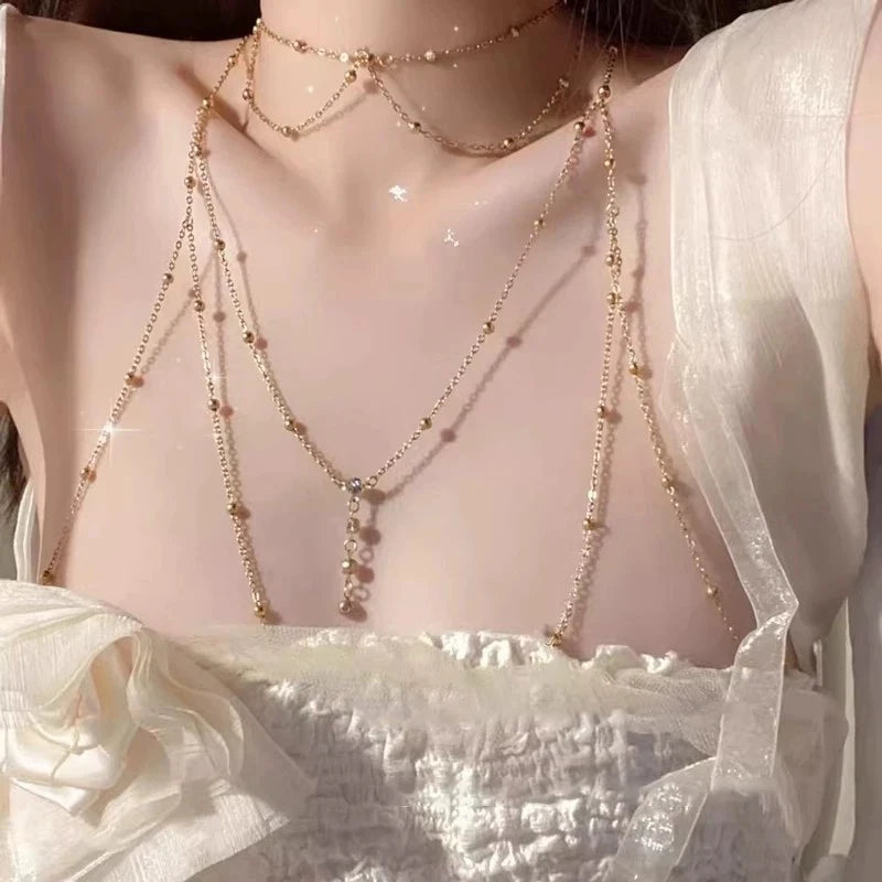Sexy Rhinestone Round Beads Waist Chain Beach Bra Bikini Chest Chain Zircon Tassel Women Body Chain Jewelry Accessories