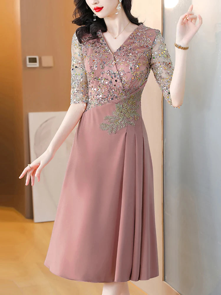Summer New Sequins Luxury Chic Evening Wedding Dress 2024 Women's Elegant Bodycon Midi Dress Satin Vintage Casual Party Vestidos