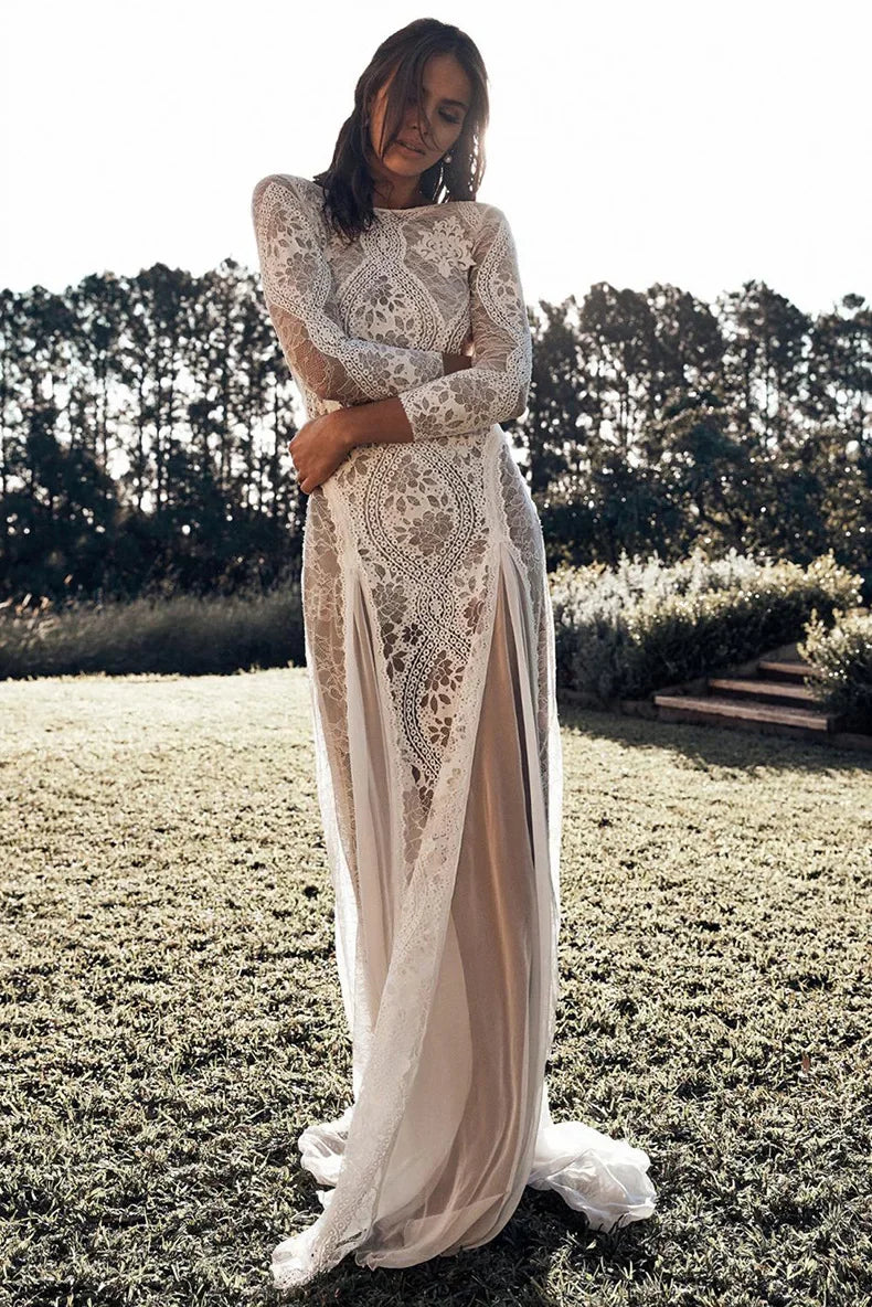 2025 Spring New Women's Celebrity Banquet Wedding Dress Crew Neck Long Sleeve Printed Halter Lace Dress