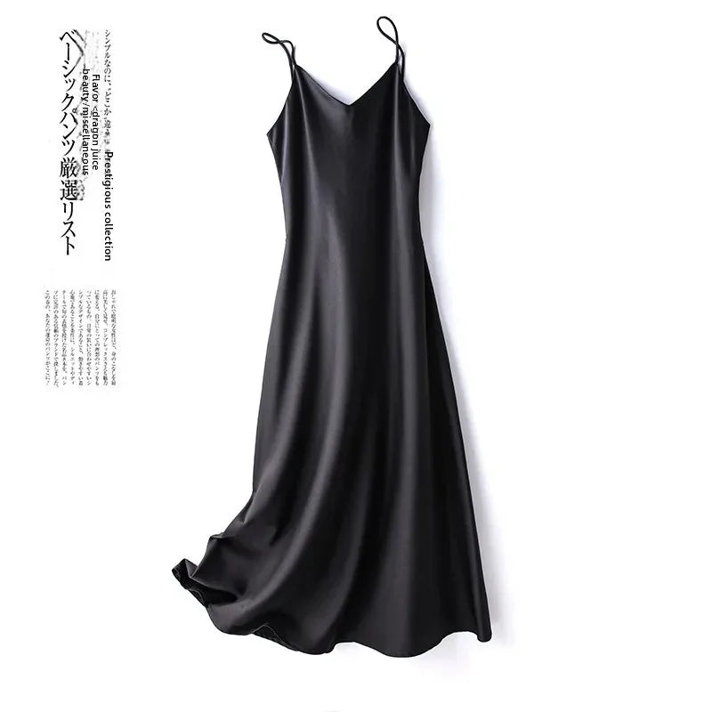 Silk V-neck Slim-fit Satin Dress Sexy Strap Long Gown for Women New 2025 Spring Summer Inner Wear Dress Elegant Lady Dress