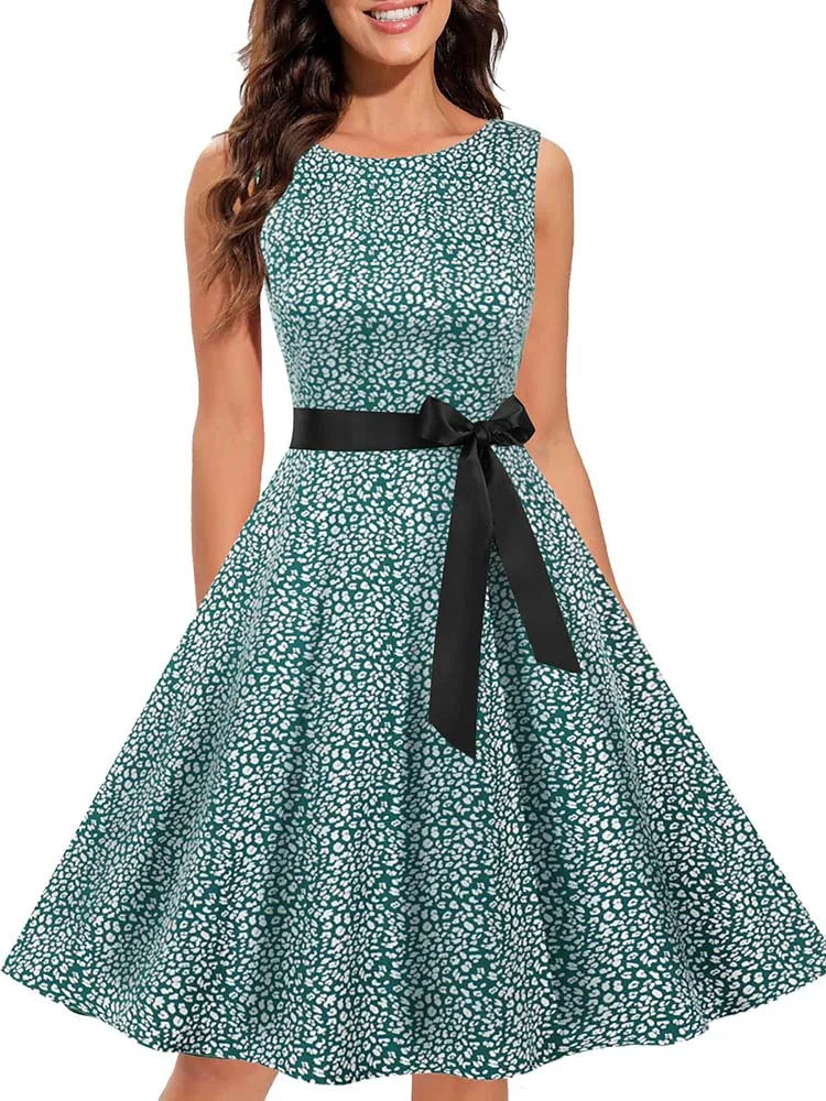 Sleeveless Floral Print Summer Dress Women Elegant Vintage Casual O Neck A Line Midi Party Sundress Vestidos With Belt