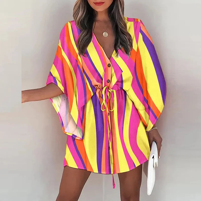Women Casual Loose Dress Beach Boho Dress Fashion Vintage Print V Neck Drawstring Mini Dress Summer Dresses Robe Femme 2022