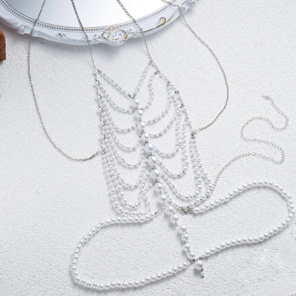 Elegant Simulated Pearl Beaded Halter Waist Chest Chain For Women Summer Beach Club Party Pearl Beads Body Chain Body Jewelry
