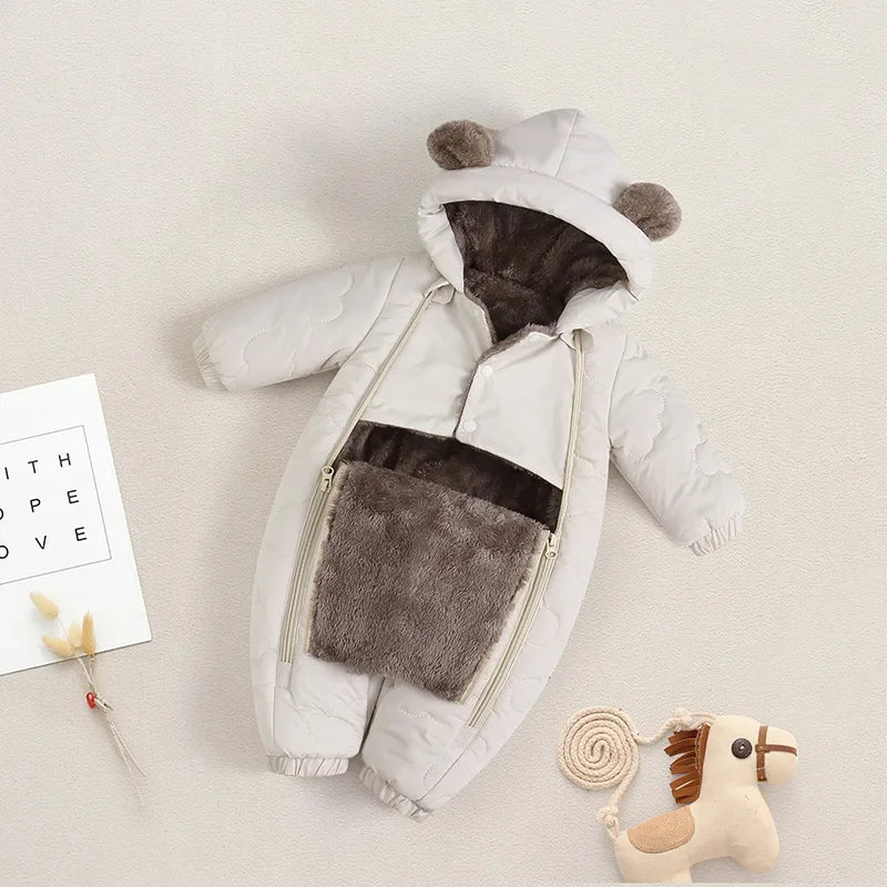 Toddler Baby Girl Boy Jumpsuit Thickened Fleece Lined Double-Layer Hooded Romper 0-2Y Cute Bear Ears Winter Warm Kids Snowsuit