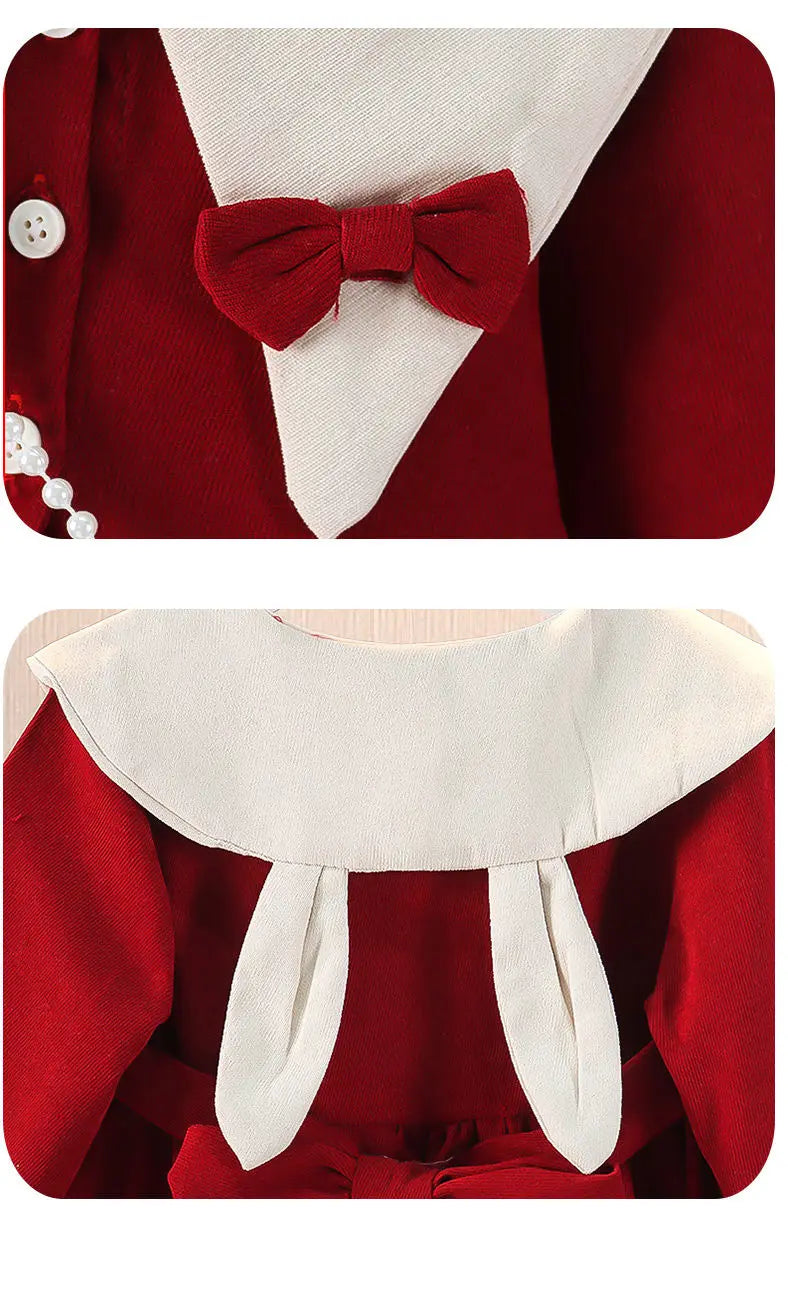 Spring and Autumn Girls' Baby Dress New Children's Fashionable Doll Neck Long Sleeve Dress Red Girls' Princess Dress