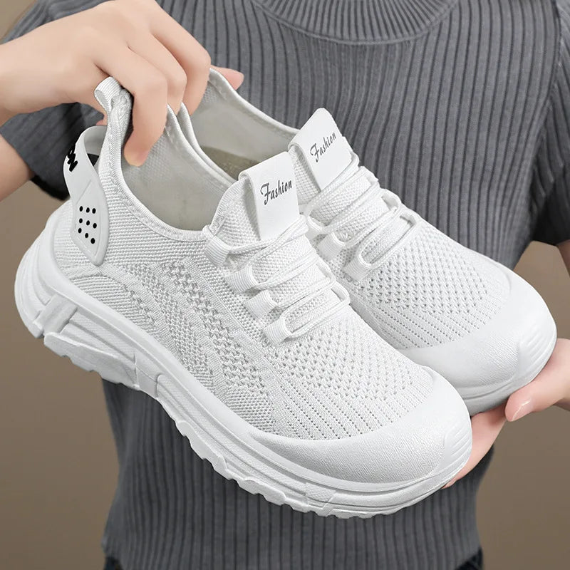 Women's Pink Casual Shoes Breathable Mesh Platform Sneakers Slip-on Flying Shoes Women Tennis Shoes Lightweight Female Shoes