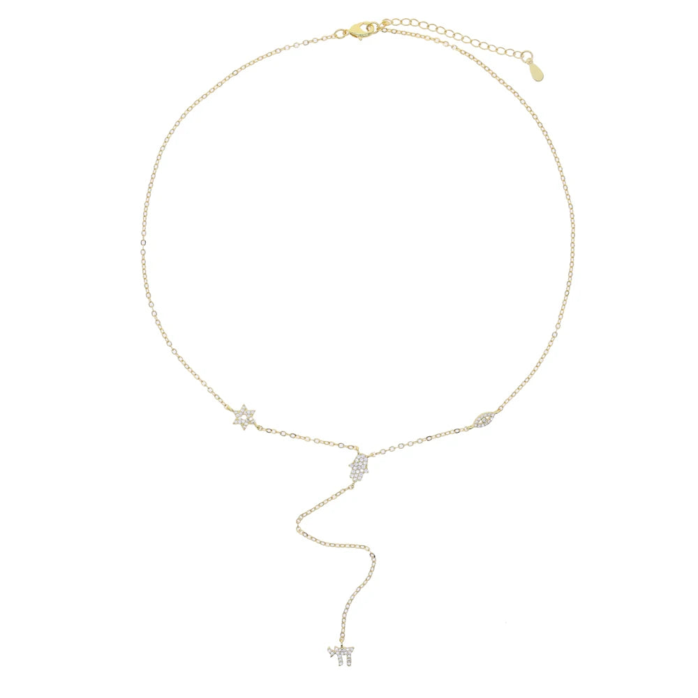 Lucky Cute CZ Star Eye Hand Chai Charm Lariat Y Necklace Amulet Judaism Sign of Life Gold Color Women Jewelry