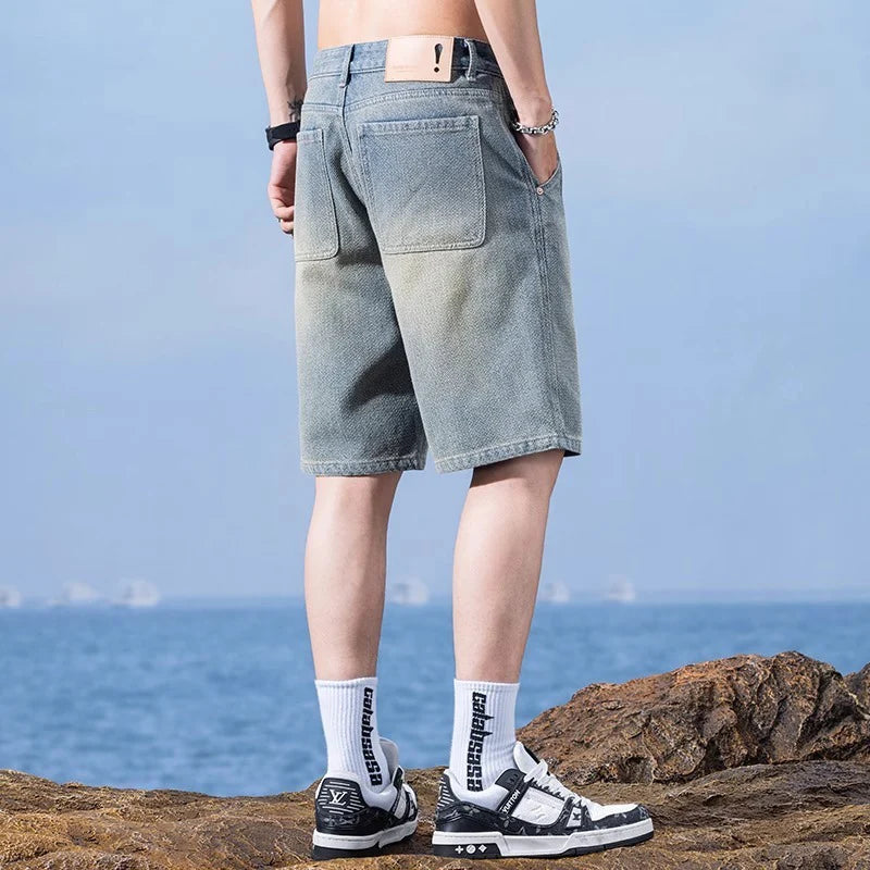 Men Trend Starry Sky Pattern Jeans Male Summer American Vintage Lightweight Breathable Denim shorts Loose Straight Casual Shorts