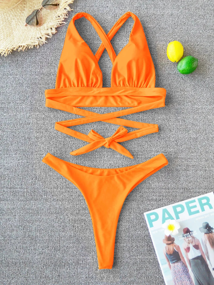 Sexy Bikini 2025 Solid Swimsuit Female Swimwear Women Push Up Bikini Set Cross Bandage Bathing Suit Beach Wear Swimming Suit