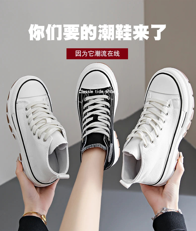 2026Women Canvas Shoes High Top Women's Vulcanize Shoes Lace-Up Casual Ladies Sneakers Plarform Non-slip Round Head Female Shoes