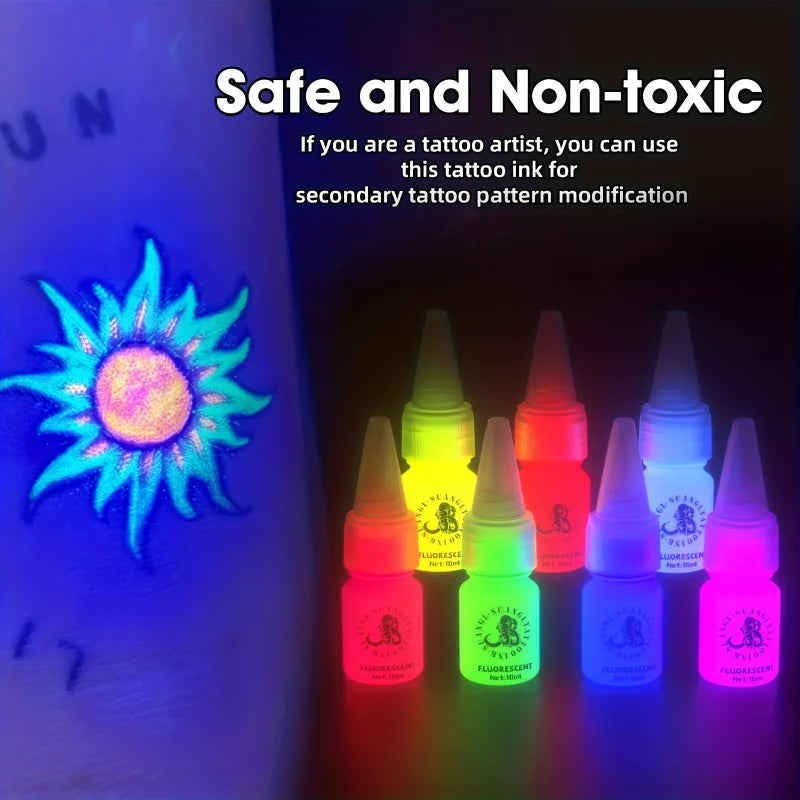 Glow Dark Tattoo Ink Set 7 Colors 10ml Fluorescent Pigmented Inks for Halloween Body Art Light Effects Vibrant Colors