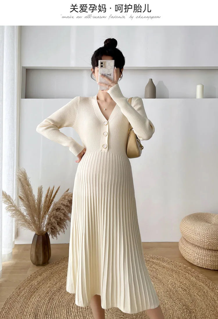 Autumn and Winter Maternity Clothing Long Sleeve V-Neck High Waist Button Fly Pregnancy Knitting Dresses Women Sweaters Knitwear