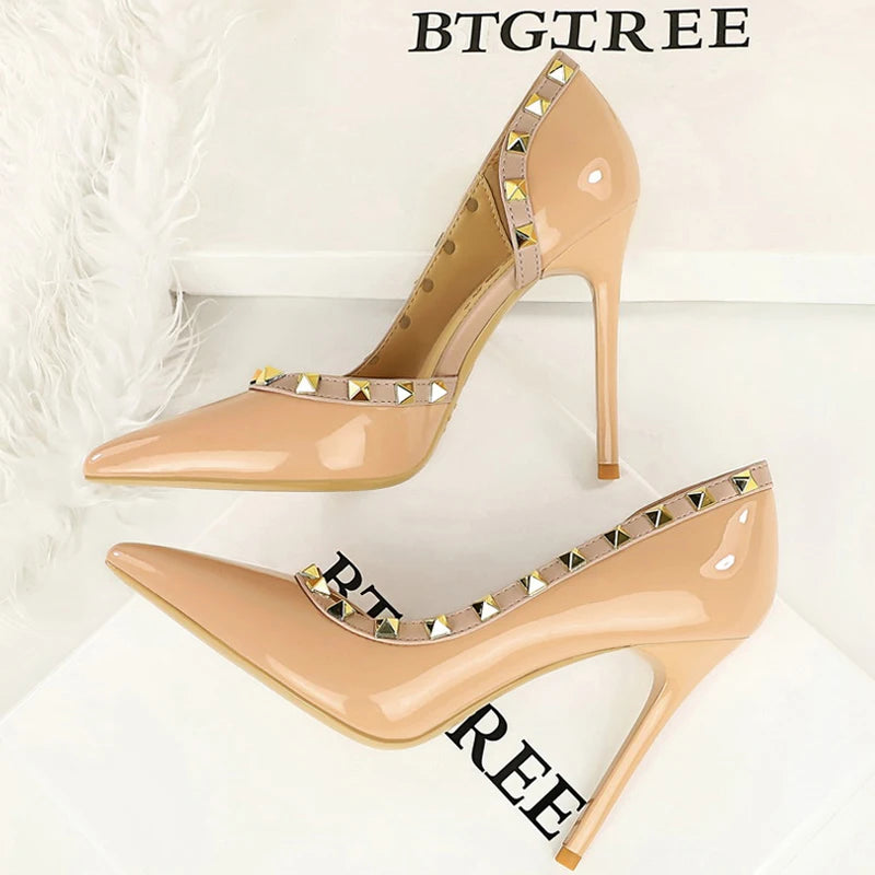 BIGTREE Shoes Rivet Design Women Pumps Patent leather High Heels 10.5 CM Stiletto Sexy party Shoes Women Heels Large size 43