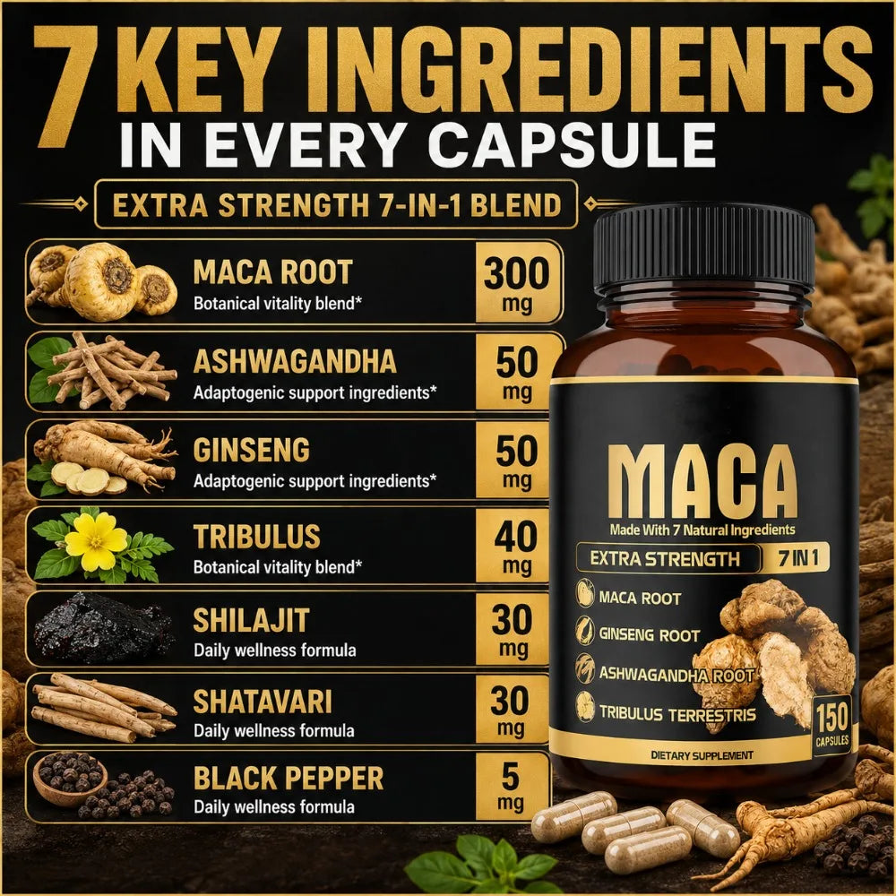 Maca Root Capsules 7-in-1 with Ashwagandha, Ginseng, Tribulus, Shilajit, Shatavari & Black Pepper, Extra Strength, 150 Count