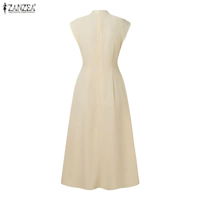 ZANZEA Elegant Women's Wedding Guest Party Midi Dress Embroidered Mesh Patchwork Stand Collar Cap Sleeve Dresses Woman Clothes
