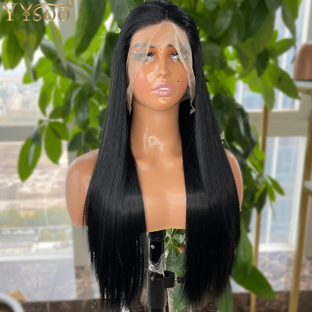 YYsoo 1# Long Silky Straight Dark Black Synthetic Full Lace Wigs for Women Heat Resistant Japan Futura Hair All Hand Tied Wig