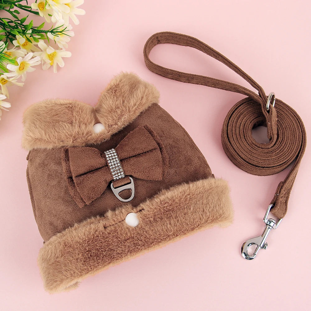 Soft Warm Dog Vest Harness and Leash Set Cute Bowknot Pet Winter Clothes Vest Warm Fur Small Dog Clothing French Bulldog Pink
