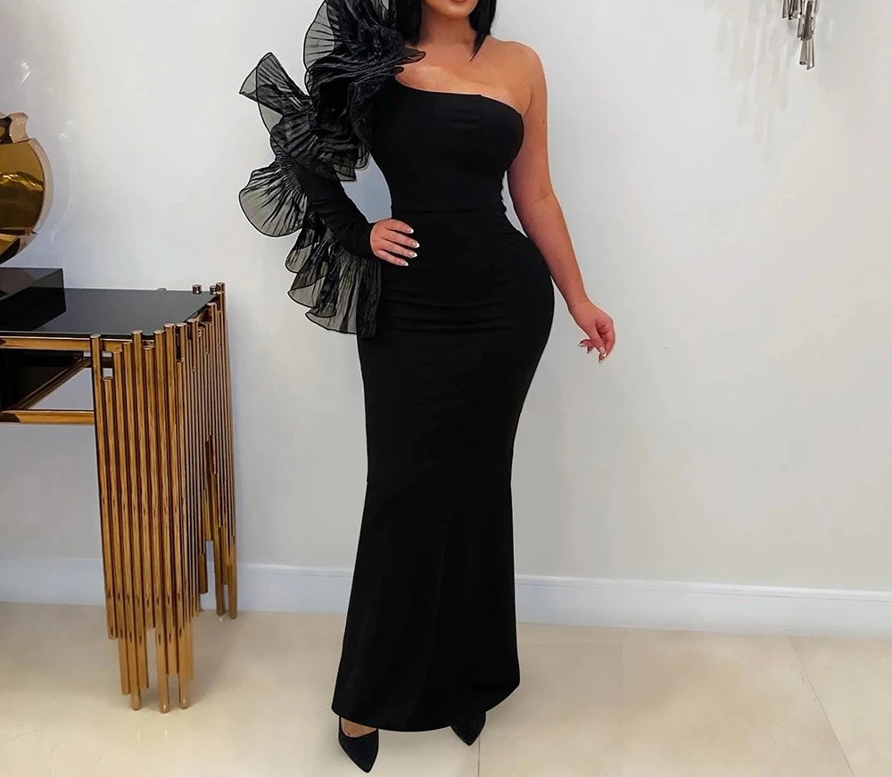 One Shoulder Long Dress Women Elegant Party Dresses Ruffles Sleeve Bodycon Evening Summer Dresses Female Birthday Dress HWY1896