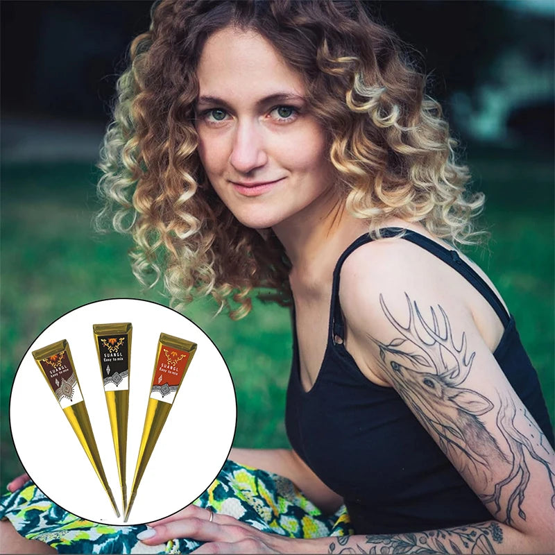 SUANGL Indian Henna Cones Brown Paste with Stencil Temporary Body Art Paint Kit for Hand Feet Drawing Red Black Henna Set