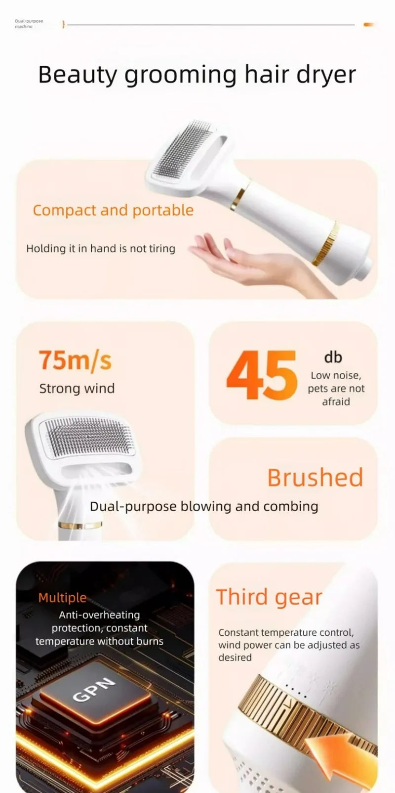 Small Dog Dryer Pet Heating Hair Puppy Dryer Cat Hair Blow and Comb 2in1 Hair Dryer for Small Middle Dogs Quick Drying