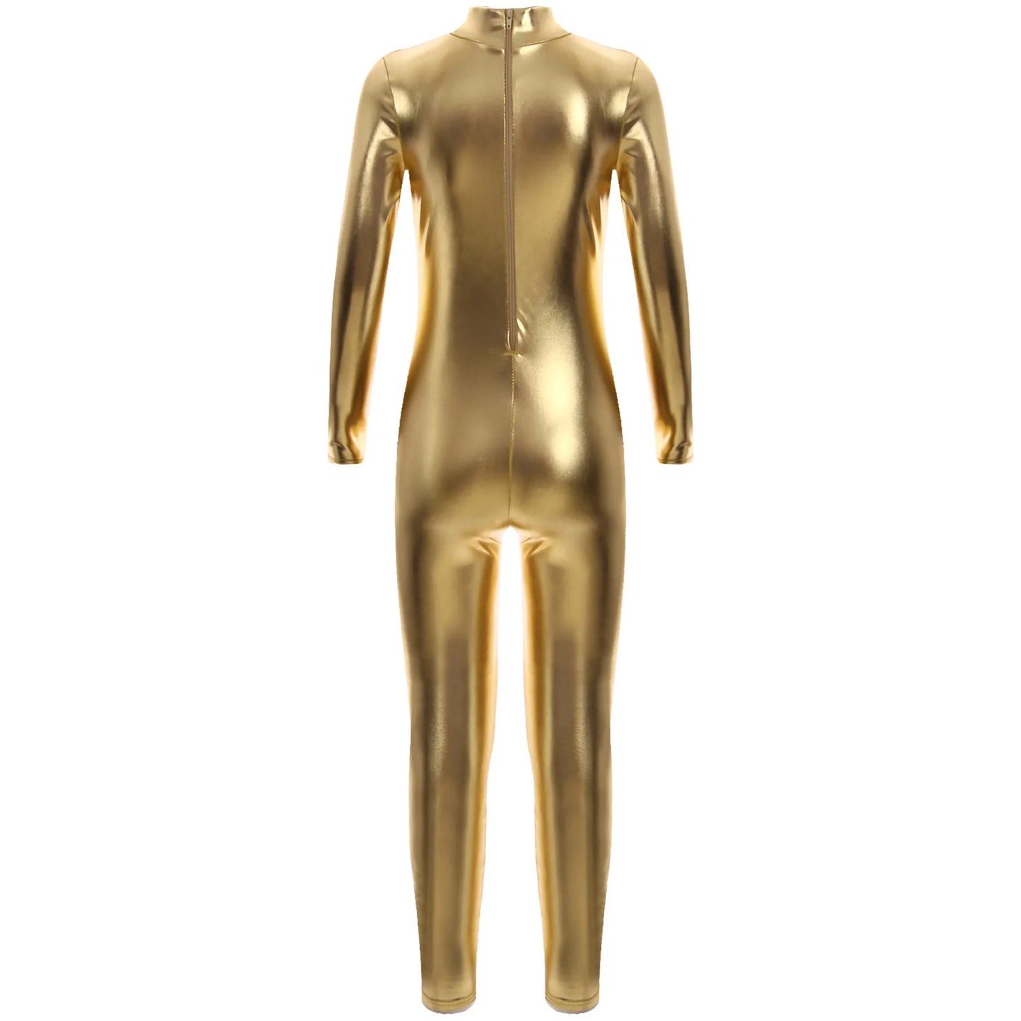Kids Boys Girls Dance Metallic Jumpsuit Children's Gymnastics Bodysuit Performance Costume Long Sleeve Full Length Leotard