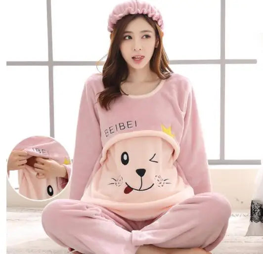 Autumn Long Sleeve flannel Maternity Clothing winter Thin coral fleece Pajamas Set Pregnant Women Breastfeeding Nursing Pyjama