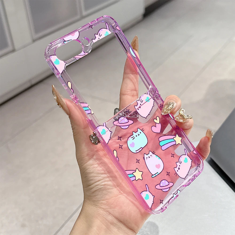Cute Cartoon Funny Donuts P-Pusheens Cat Phone Case for Motorola Moto Razr 40 50 60 Ultra 5G Semi-transparent Foldable TPU Cover