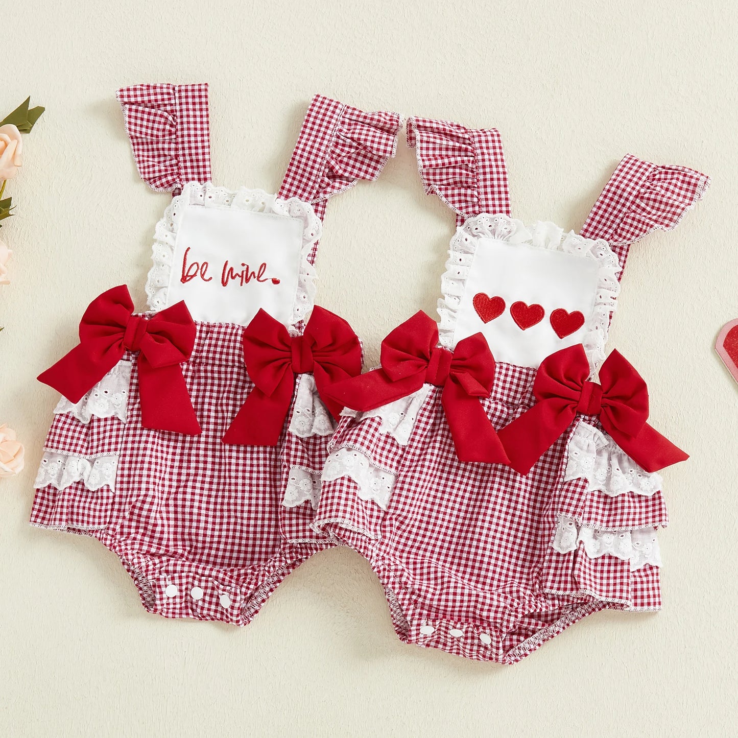 0-18M Valentine's Day Infant Baby Girls Rompers Sleeveless Square Collar Lace Ruffled Letter Embroidery Bow Jumpsuit