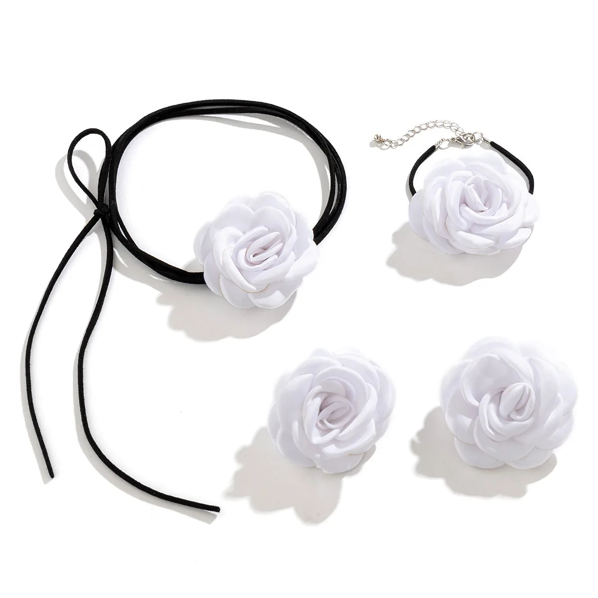 Women Adjustable Rope Choker Clavicle Chain Goth Y2K Romantic Rose Flower Necklace Bracelet Earrings Set